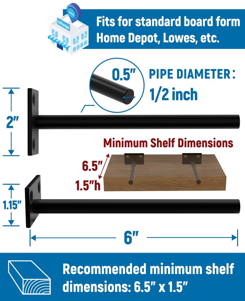 LEOPO 8 Pack-6 inch Floating Shelf Bracket, Hidden Brackets for Wood Shelf - Image 2